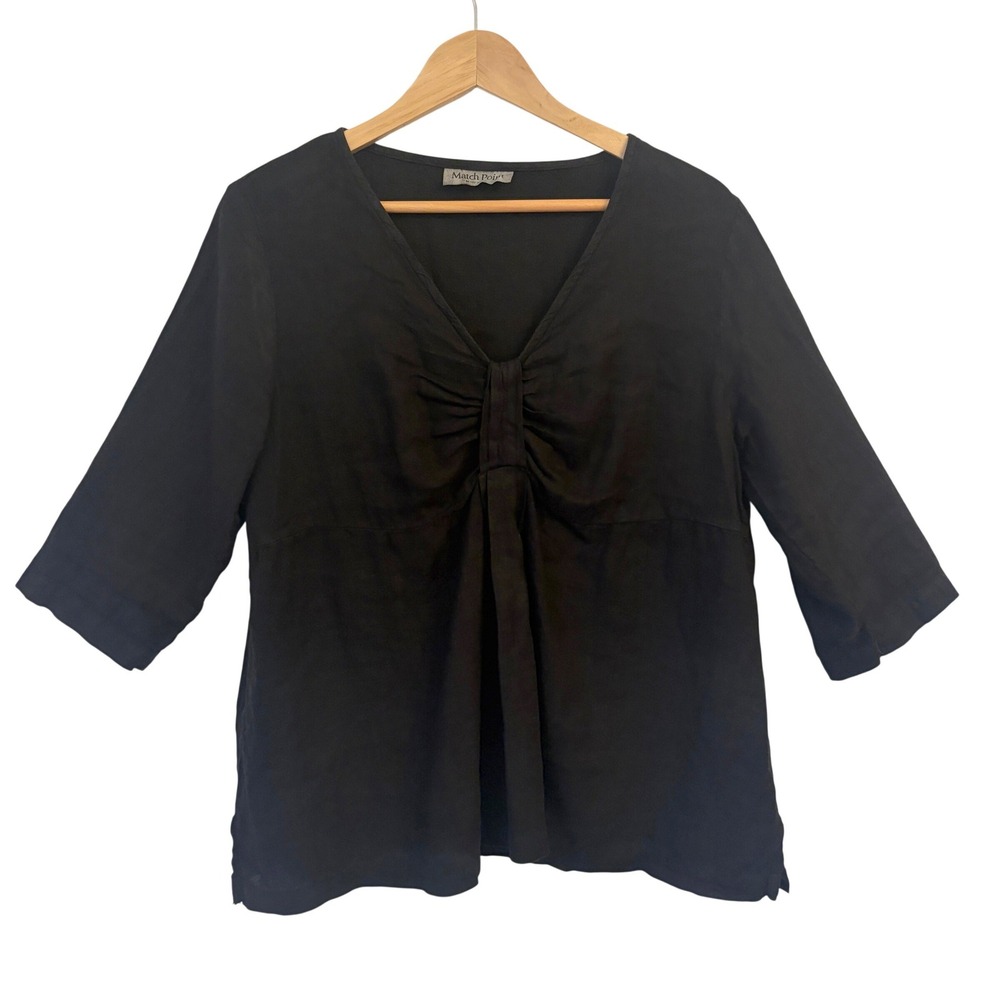 Match Point Linen Top Womens L Babydoll V Neck 3/4 Sleeve Black USA Minimalist